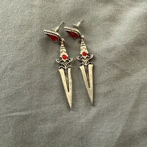 Elegant Silver and Red Dagger Earrings